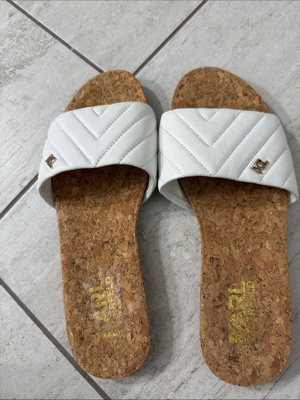 Karl Largerfeld White Quilted Slide Sandals with Cork Footbed..size 7.5M